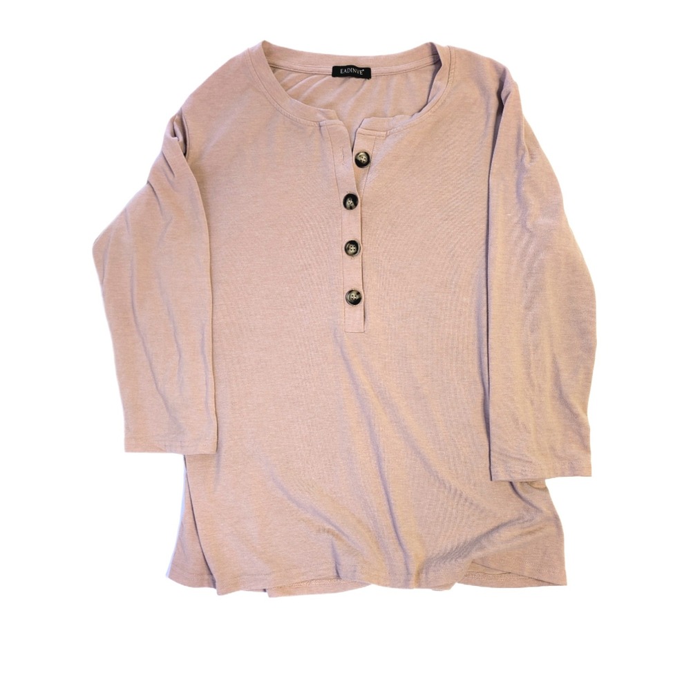 Eadinve Womens XL Mauve Henley Top 3/4 Sleeve Button Neck Pink Casual Blouse